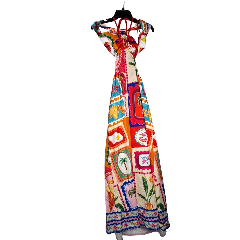 Tropical Stamp Halter Cutout Maxi Dress Multi Color Size L - Picture 5 of 10